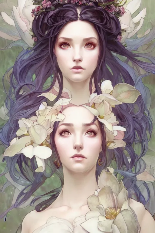 Image similar to character concept art portrait, magnolia mage, a seductive nature goddess in the style of artgerm, wlop, greg rutkowski, alphonse mucha and ayami kojima, realistic details, volumetric lighting, very very very very beautiful symmetrical face, trending on artstation, artstationhd, artstationhq, unreal engine, 4 k, 8 k