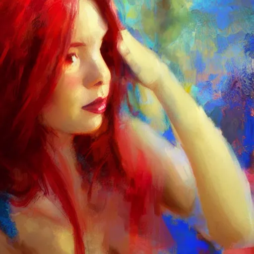 Prompt: a beautiful red hair girl, blue dress, detailed, colourful glass in background, oil painting, hd by craig mullins _ h 7 0 4