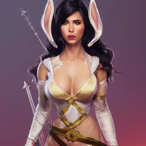 Image similar to reyna ( valorant ) wearing a bunny suit, cg animation, riot entertainment, realistic, character select portrait, by artgerm, greg rutkowski, alphonse mucha, unreal engine 5, trending on artstation, full body