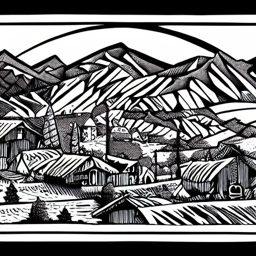 Image similar to mcbess illustration of a quaint village in the mountains