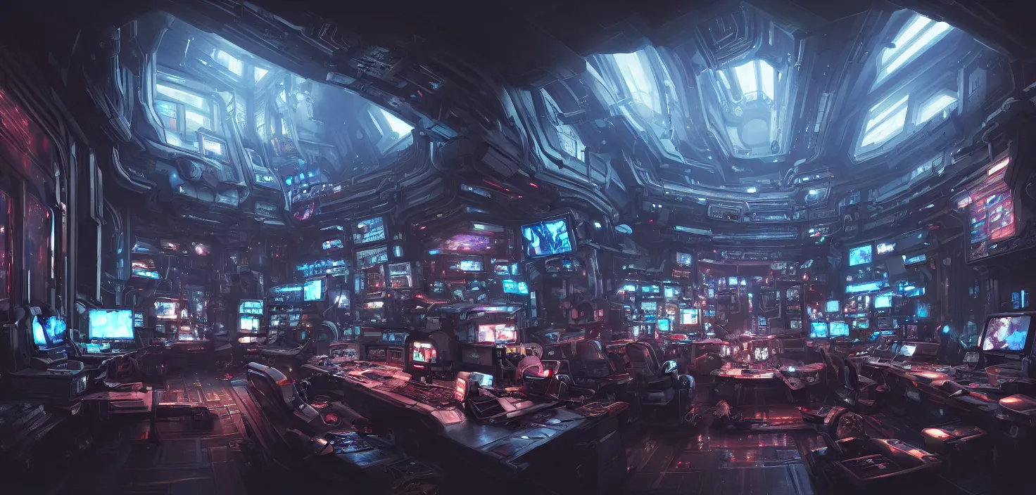 Image similar to a hyper detailed octane render concept art by xision wu, kerem beyit, sandara tang portrait of cyberpunk panel control spaceship room, dim lighting, detailed portraits, unreal engine 5, highly rendered,, digital painting, artstation, concept art, smooth, sharp focus perfect horizontal ， symmetry illustration, detailed and intricate environment artstation hq