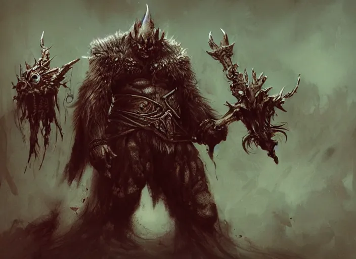 Image similar to feral chieftain concept, beksinski, ruan jia, the hobbit orc concept, dark soul concept