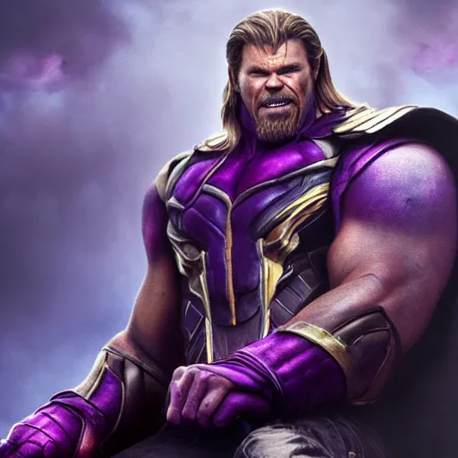 Image similar to Chris Hemsworth starring as Thanos, Chris Hemsworth in Thanos attire and makeup, trending on artstation, 4k, 8k