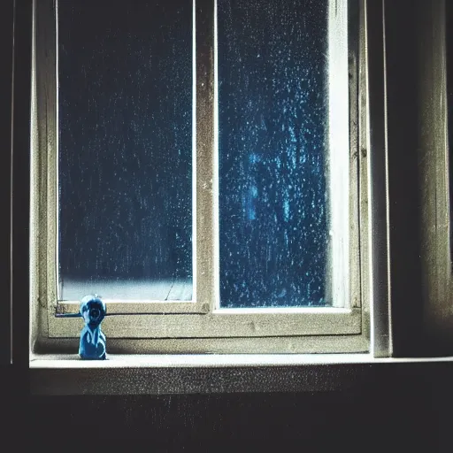 Image similar to photo of dark blue rainy bedroom window at night, creepy face staring in through the window,