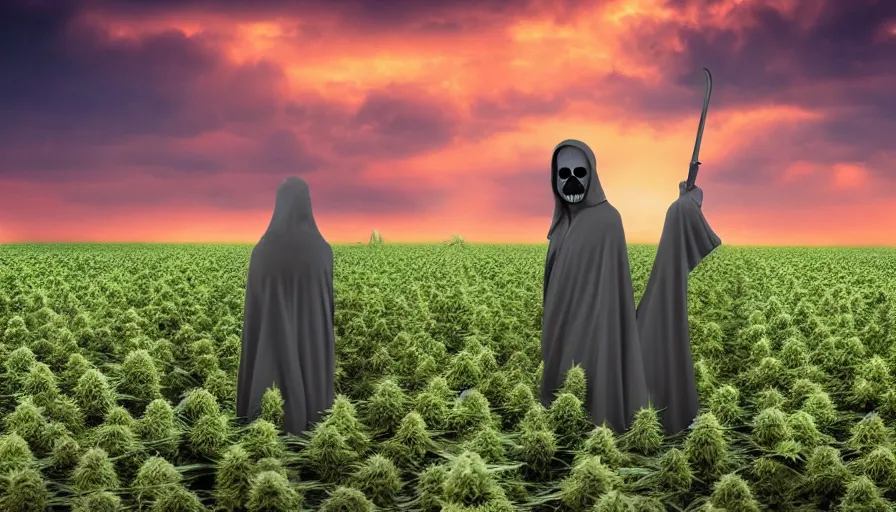 Image similar to the grim reaper walking in a cannabis field, sunset, global illumination, hyper - realistic, insanely detailed and intricate, cinematic, 8 k