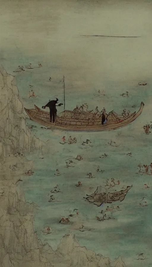 Image similar to man on boat crossing a body of water in hell with creatures in the water, sea of souls, by qian xuan