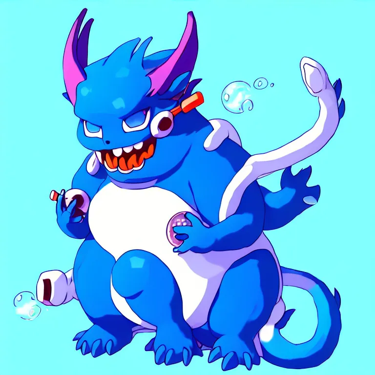 Image similar to a chubby anthropomorphic male blue dragon fursona chewing blue bubble gum, headphones on his head, cute, furry, deviantart, beautiful, soft colors, oil on canvas, soft lighting