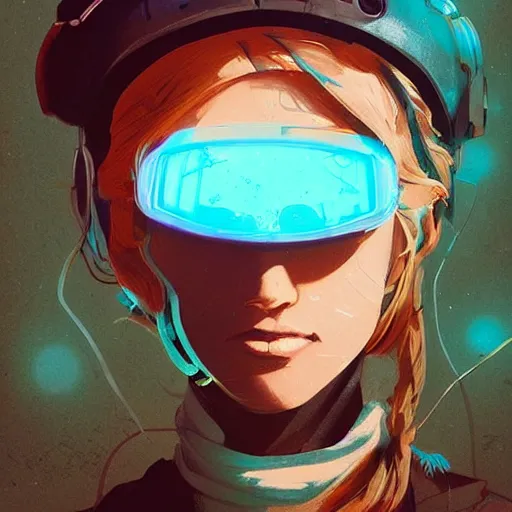 Image similar to highly detailed portrait of an electric woman wearing a snow coat and hologram visor, by atey ghailan, by greg rutkowski, by greg tocchini, by james gilleard, by joe fenton, by kaethe butcher, gradient blue, black, brown and cyan color scheme, grunge aesthetic!!! ( ( graffiti tag wall background ) )