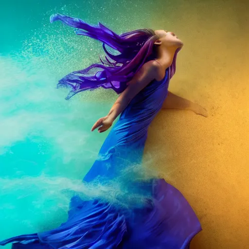 Image similar to beautiful realistic woman dancing underwater wearing a flowing dress made of blue, magenta, and yellow seaweed, delicate coral sea bottom, swirling silver fish, swirling smoke shapes, octane render, caustics lighting from above, cinematic