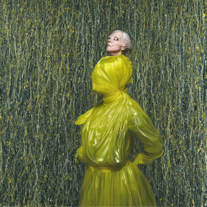 Prompt: closeup portrait of a woman wrapped in chartreuse cellophane, standing in an overgrown interior, color photograph, by paula rego, canon eos c 3 0 0, ƒ 1. 8, 3 5 mm, 8 k, medium - format print