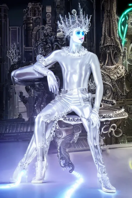 Image similar to full-body rococo and cyberpunk style neon statue of a young attractive Daniel macho dotado e rico android sim roupa reclining con las piernas abertas e la piroca dura, glowing white lasers, glowing eyes, silver prince crown, silver steampunk gears, white diamonds, swirling mint-colored silk fabric. futuristic elements. ethereal white dripping tar. full-length view. space robots. human skulls. large white balloon animals. intricate artwork by caravaggio. Trending on artstation, octane render, cinematic lighting from the right, hyper realism, octane render, 8k, depth of field, 3D