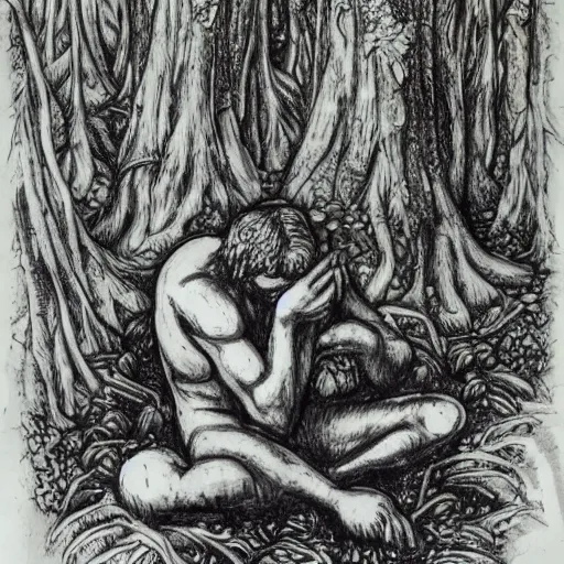 Image similar to The Thinker Sculpture covered in mushrooms and peyote, sitting in a dense luscious forest, ink sketch, Naturalist