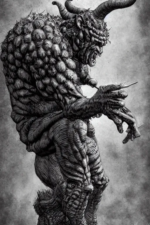 Image similar to humanoid hunched figure troll with 1 horn, ogre, fantasy, highly detailed, digital art, sharp focus, trending on art station, kentaro miura manga art style