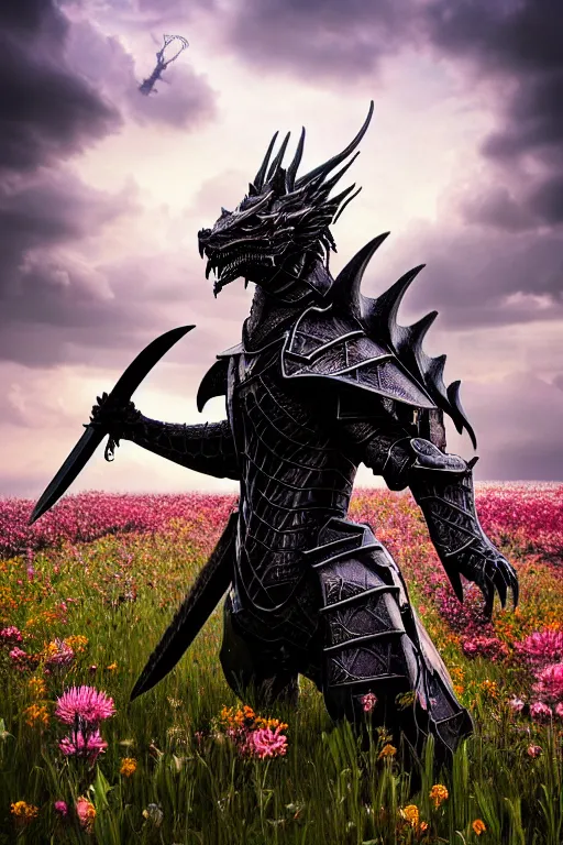 Image similar to hyperrealistic neo - gothic cinematic armored dragon holding sword in a field of flowers, highly detailed smooth digital art masterpiece, vitaly bulgarov dramatic low light, ground angle uhd 8 k, sharp focus