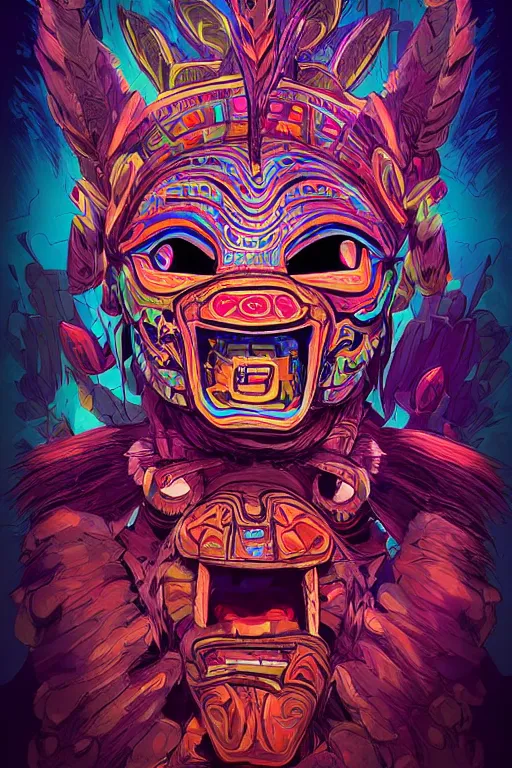 Image similar to totem animal tribal chaman vodoo mask feather gemstone plant wood rock video game illustration vivid color borderlands by josan gonzales and dan mumford radiating a glowing aura global illumination ray tracing