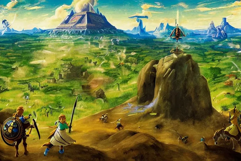 Image similar to zelda!! breath of the wild landscape painted by hieronymus bosch