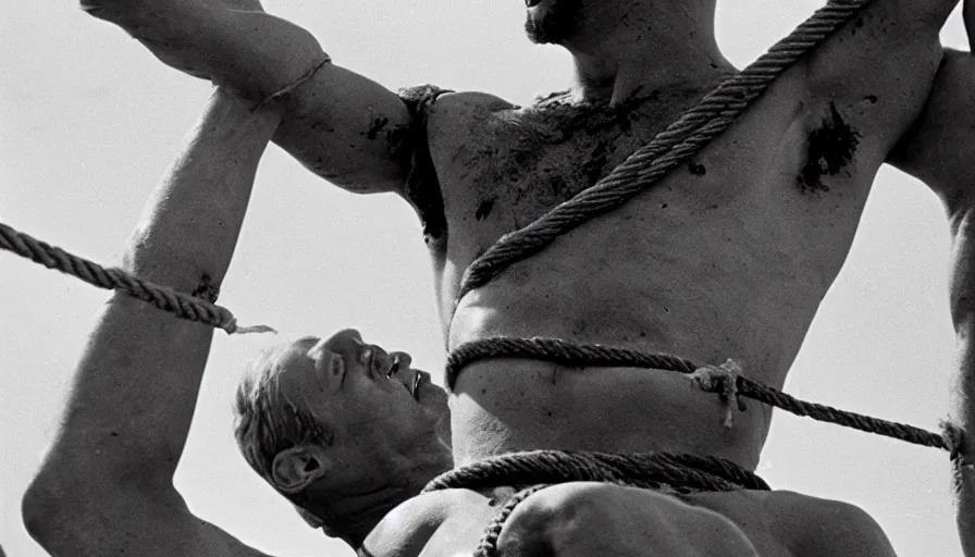 Prompt: 1 9 6 0 s movie still close - up of marcus atilius regulus tied with ropes at pole in direction of the burning sun with blood flowing off his eyes cinestill 8 0 0 t 3 5 mm b & w, high quality, heavy grain, high detail, texture, dramatic light, anamorphic, hyperrealistic, detailed hair