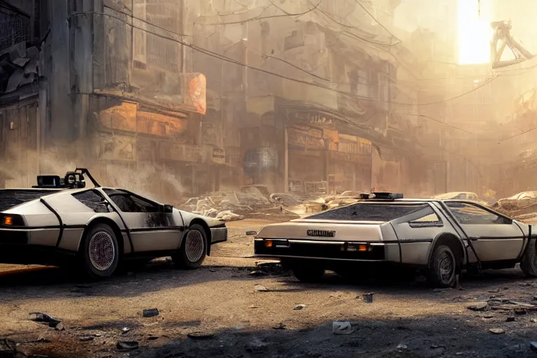 Image similar to highly detailed photorealistic rendering of a delorean parked on the streets of a cyberpunk abandoned city with the door open, futuristic post - apocalyptic vibe, by greg rutkowski and stanley artgerm and alphonse mucha, octane, sharp focus, hyperrealistic, unreal engine 5, vray, masterpiece