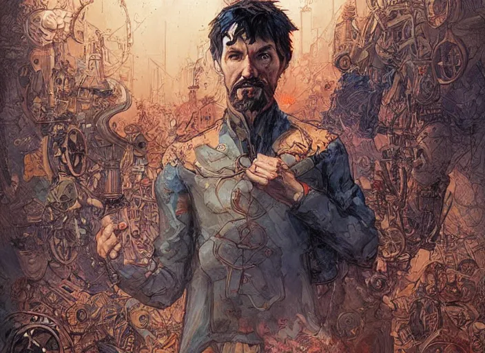 Prompt: a highly detailed apocalyptic portrait of stephen strange, james gurney, james jean