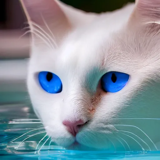 Image similar to white cat with blue eyes on a float in the pool