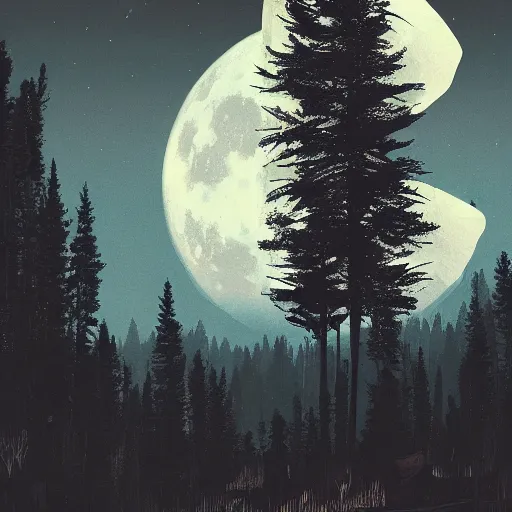 Image similar to rocky mountains at night, by ismail inceoglu, large full moon centered in the background, pine trees, digital art, illustration, detailed, spooky, gloomy, 8 k render