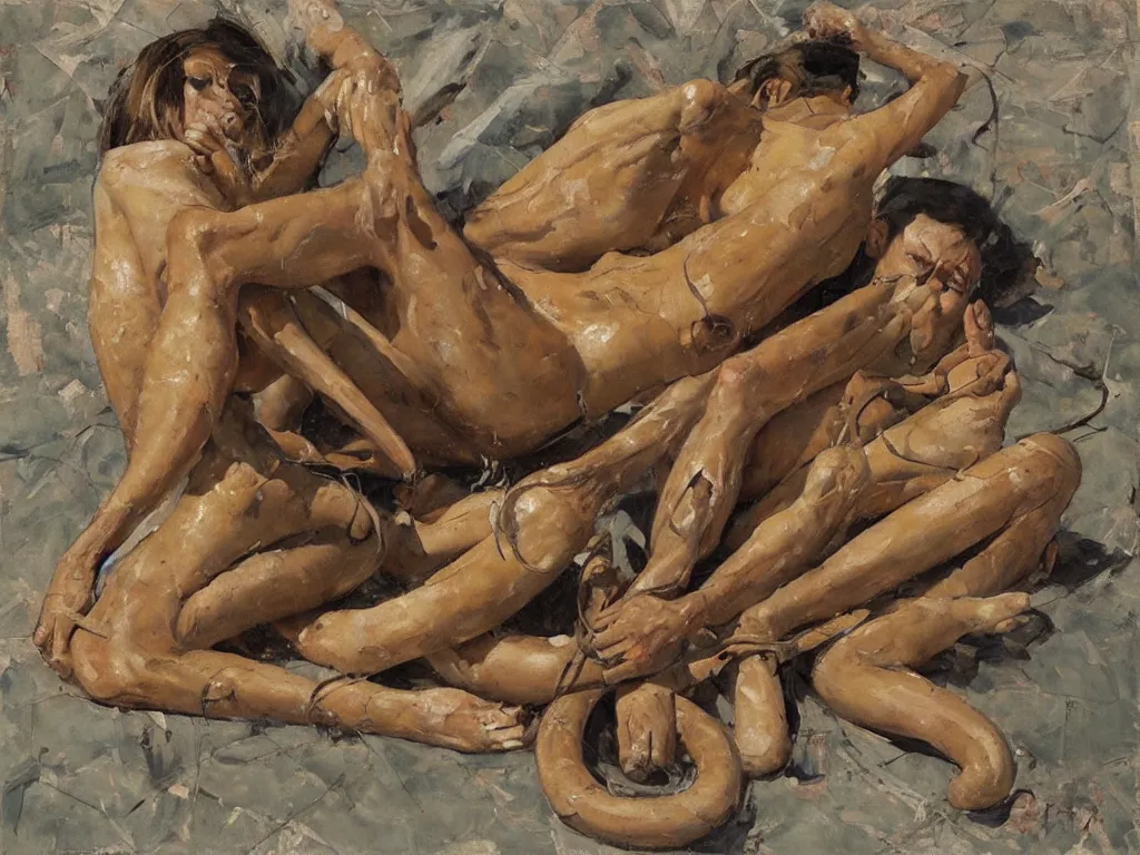 Prompt: snakes and legs, denis sarazhin, oil on canvas