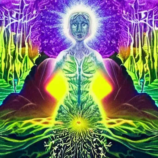 Image similar to This the unity and being one with nature. Nature and the land is one thing. Even if you live in different physical states of consciousness, there’s a unity to being in the physicality. It’s as if a matrix of energy runs through all things.