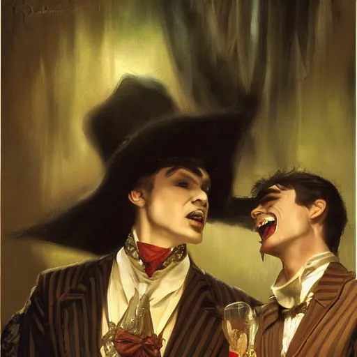 Image similar to attractive male, arthur pendragon confesses his love to attractive male dracula the vampire. highly detailed painting by gaston bussiere, craig mullins, j. c. leyendecker 8 k