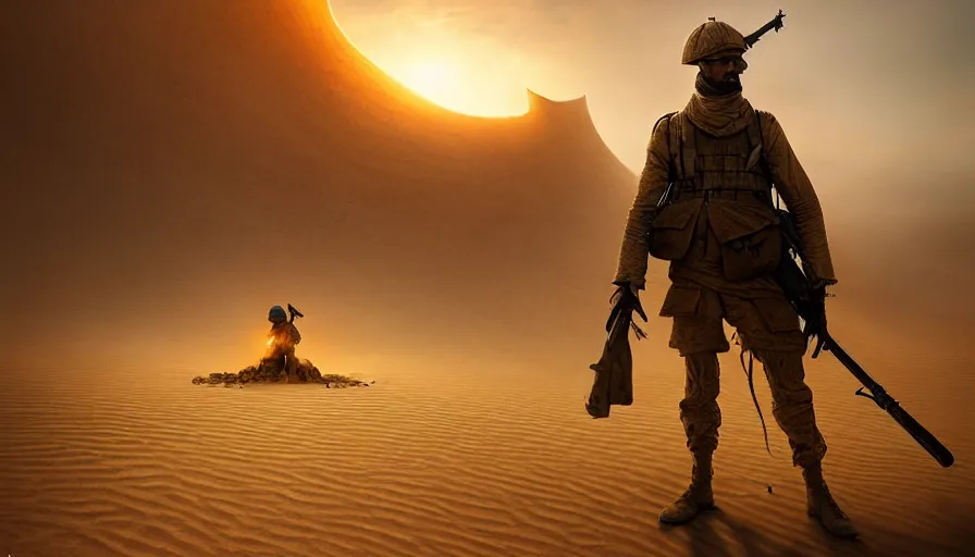 Prompt: giant sand deamon fighting beautiful digital painting of a soldier in a trench waiting for the war to end, in the sahara desert. cinematic lighting, atmospheric emotions by greg rutkowski,