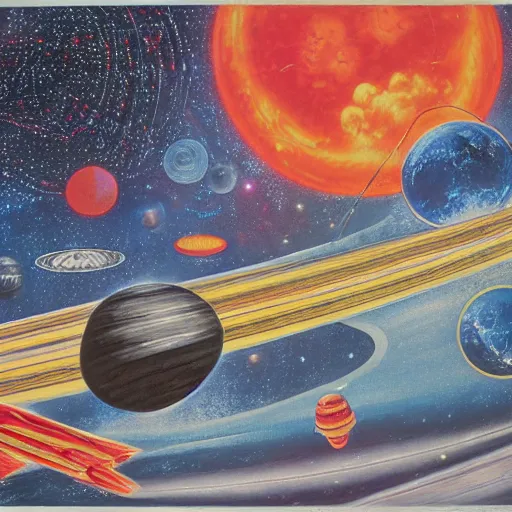 Image similar to rough texture, tempera, rockets, astronauts and space colonies, utopian, by david a. hardy, wpa, public works mural, socialist, propaganda