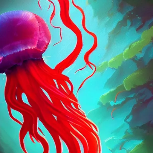 Image similar to fantasy red jellyfish swiming in blue waters, artstation, beautiful, colorful