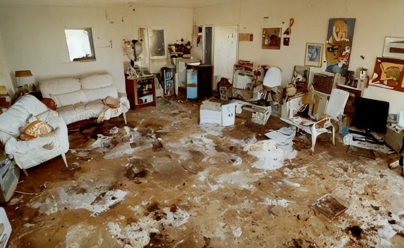 Image similar to living room interior of a white trash family, dirty walls, brown tiled floor, white plastic garden chairs, ashtray, dirty beige deep pile rug, 1990s oak wood furniture