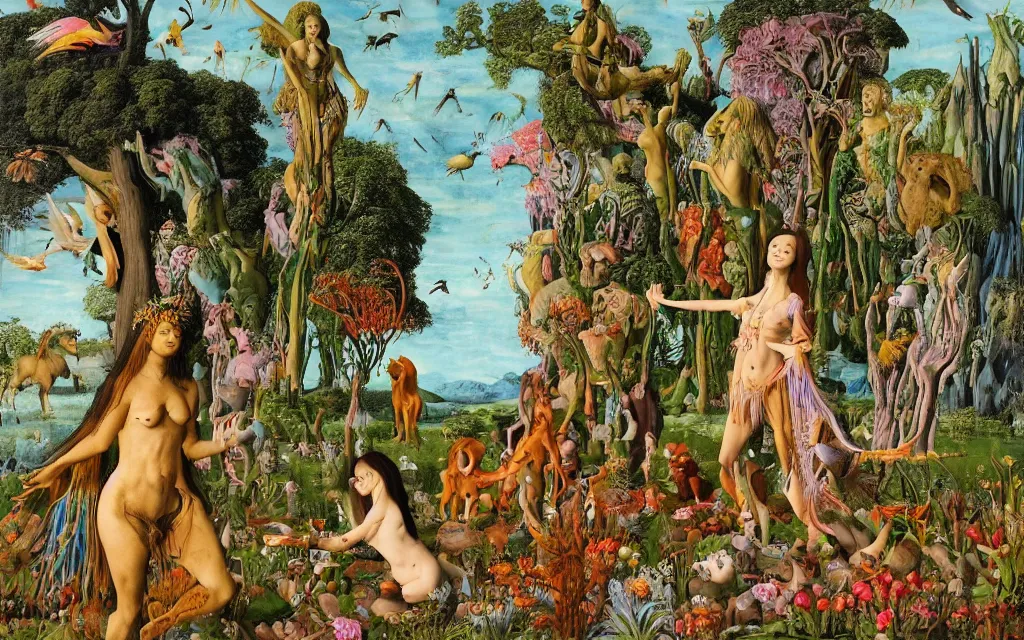 Image similar to a photograph of a meditating centaur shaman and a harpy mermaid feeding animals. surrounded by bulbous flowers, a few trees and wild animals. river delta with mountains and cliffs under a blue sky full of burning stars and birds. painted by jan van eyck, max ernst, ernst haeckel, ernst fuchs and artgerm. trending on artstation