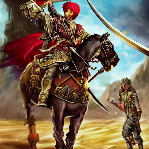 Image similar to an illustration for a new video game, by square enix, about a hero who fights for his nation, very realistic details and details, wearing a turban and also riding a black horse, while carrying a large sword, his clothes are very patterned desert, and also symmetrical, perfect shape and line, this illustration is drawn by yoshitaka amano