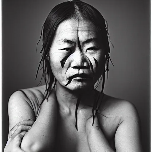 Prompt: grizzled young chinese woman with tribal face tattoos and facial hair, black & white, richard avedon, 5 0 mm, grainy, low light