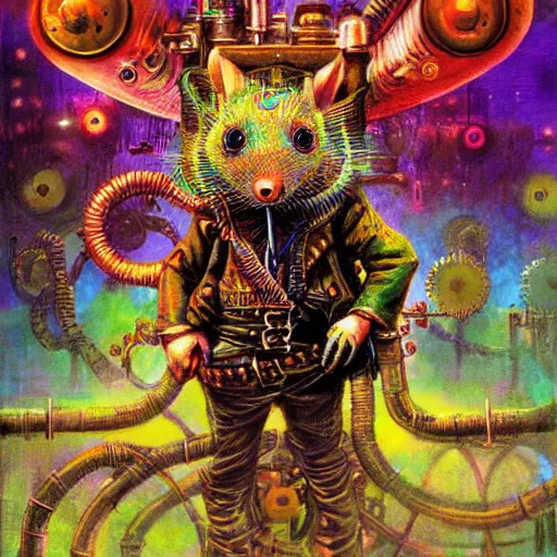 Image similar to steampunk rat, acid, 303, psychedelic, by paul lehr