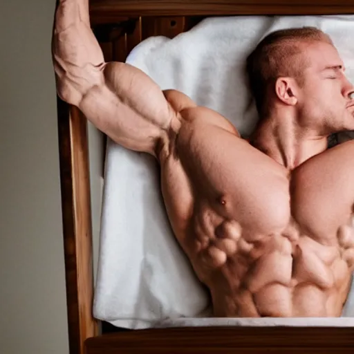 Prompt: huge muscles bodybuilder with head of a baby sleeping in a crib, newborn, barrel chested, rippling muscles, huge veins, bulging muscles, ripped, award winning photography, high detail