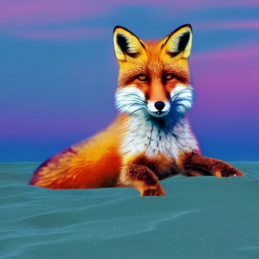 Image similar to fox chilling on the beach, photo, vaporwave