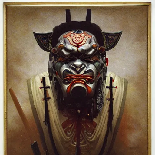 Image similar to highly detailed oil painting | very intricate | cinematic lighting | award - winning | a mosaic of oni samurai masks | by roberto ferri, by tom bagshaw, by j. c. leyendecker and klimt, beautiful cinematic light, american romanticism, by austin osman spare, artstation, cgsociety, official art, octane