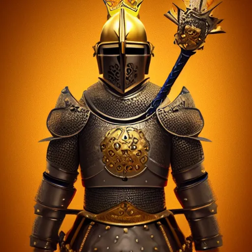 Image similar to a highly detailed knight in a T golden helmet and a golden crown with a blue diamond in the center, golden armor, leather clothes under the armor, leather gloves, holds a black sword, artstation, DeviantArt, professional, octane render, sunset lighting