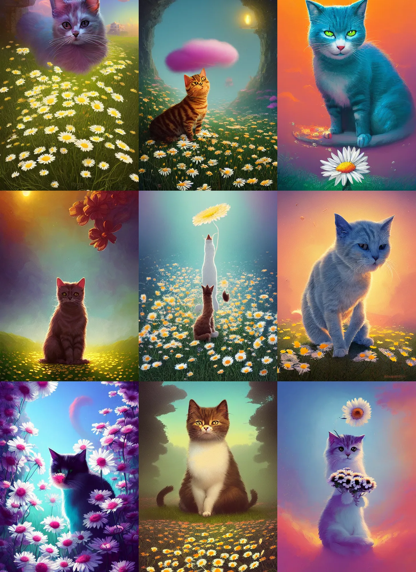 Prompt: portrait of a waiting kitty made of daisies, cotton candy, Alena Aenami, Petros Afshar, Noah Bradley, Anton Fadeev, Anato Finnstark, Steve Henderson, Filip Hodas, Mark Keathley, Thomas Kinkade, Phil Koch, Gilbert Williams, Mike Winkelmann, Beeple