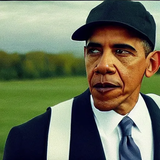 Image similar to riverdale still of obama wearing suspenders, a white varsity sweater with a varsity letter r, and a propeller cap, cap with a propeller on it, propeller hat