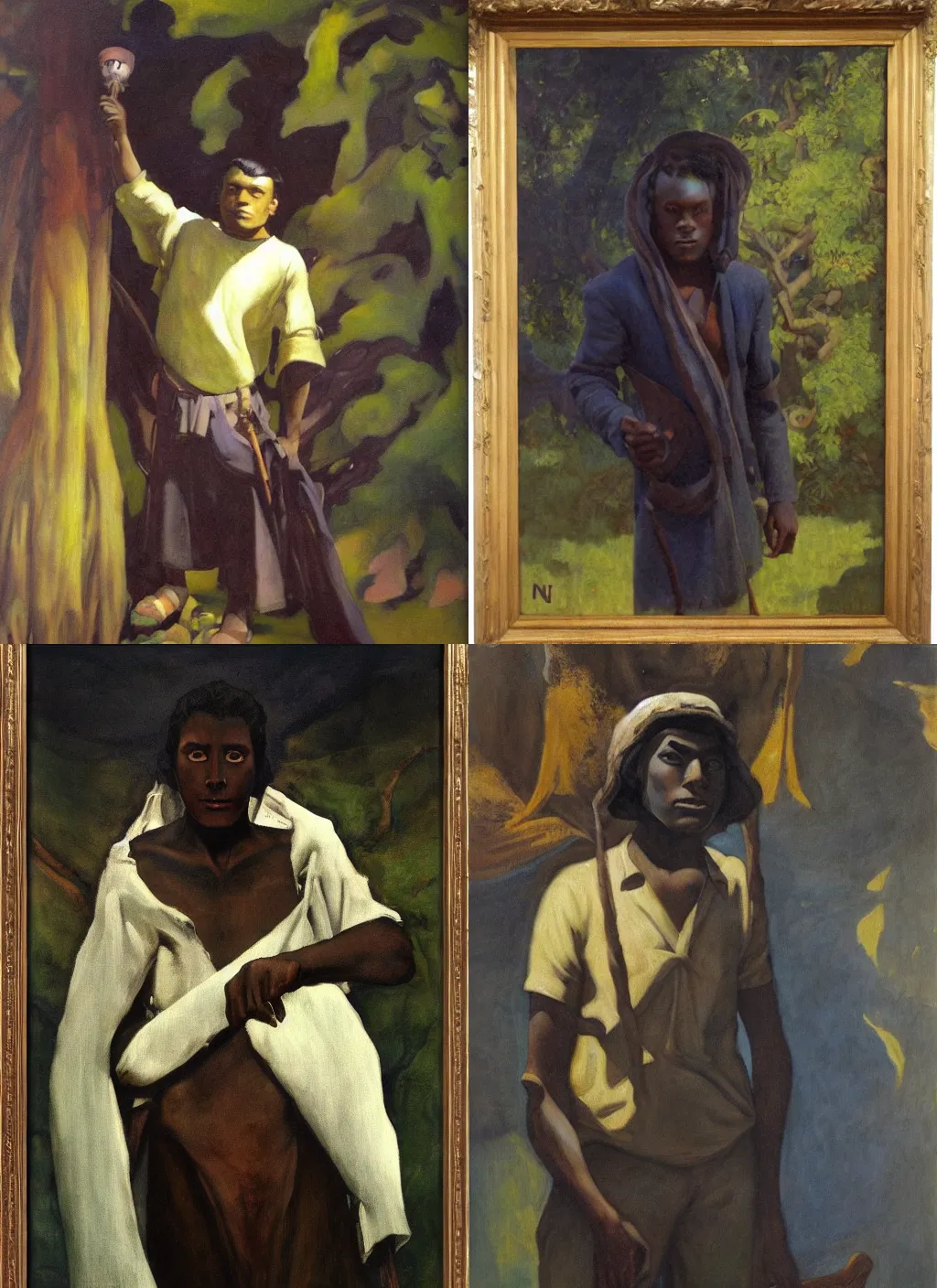 Prompt: Dark skinned young man with loose fantasy clothing, Fantasy painting, oil on canvas by N.C Wyeth,