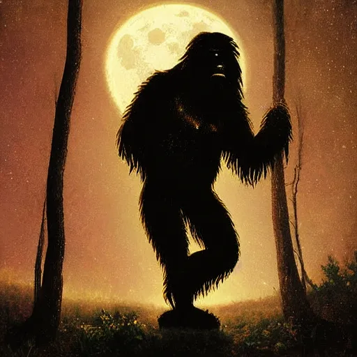 Image similar to UHD photorealistic Bigfoot playing electric guitar under a full moon, by Greg Rutkowski and Albert Bierstadt