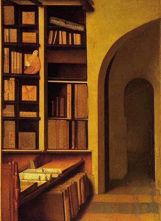 Prompt: bookshelf with books, medieval painting by jan van eyck, johannes vermeer, florence