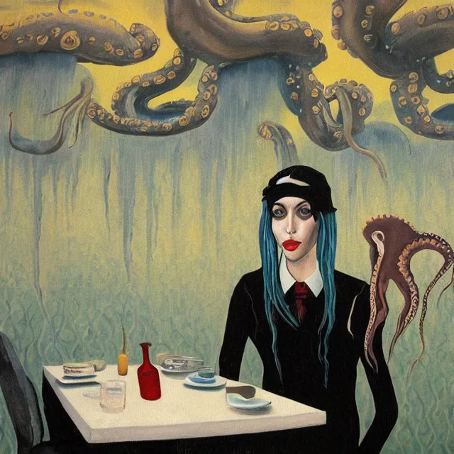 Image similar to tall female emo artist holding an octopus in a flooded cafe, octopus, water gushing from ceiling, painting of flood waters inside a cafe, a river flooding indoors, pomegranates, pigs, ikebana, water, octopus, river, rapids, waterfall, black swans, canoe, berries, acrylic on canvas, surrealist, by magritte and monet