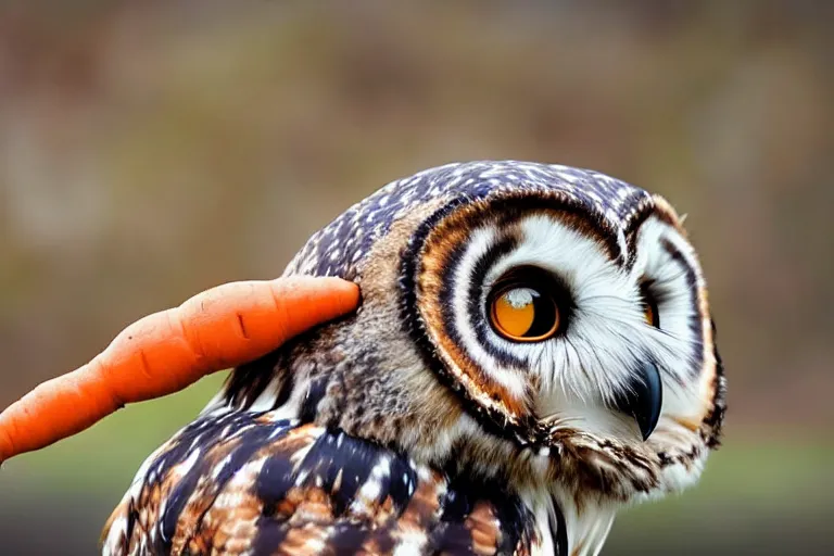 Image similar to scenic photo of an owl eating a carrot. focus on the owl's beak and eye. intricate eye. extremely large wings. extreme detail, hyperrealistic photo