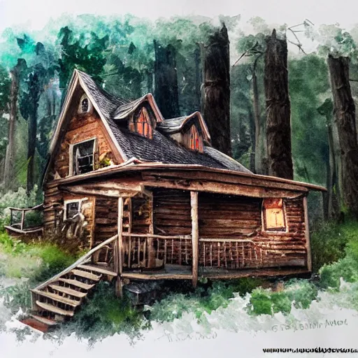 Prompt: water color on paper, cabin in the woods, highly detailed, artstation, masterpiece, award - winning,