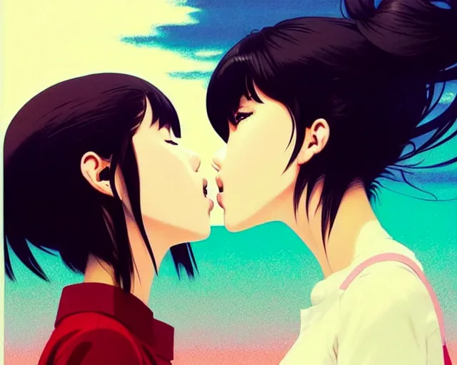 Image similar to two girls kissing | very very anime!!!, fine - face, audrey plaza, realistic shaded perfect face, fine details. anime. realistic shaded lighting poster by ilya kuvshinov katsuhiro otomo ghost - in - the - shell, magali villeneuve, artgerm, jeremy lipkin and michael garmash and rob rey