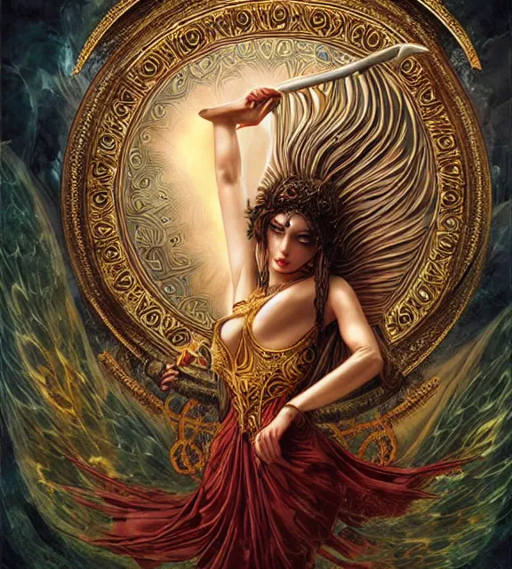 Image similar to goddess of the hunt, tarot card, ornate, digital art by artgerm and karol bak